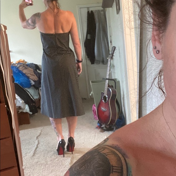 Black Strapless Midi Dress with White Polka Dots - Picture 3 of 6